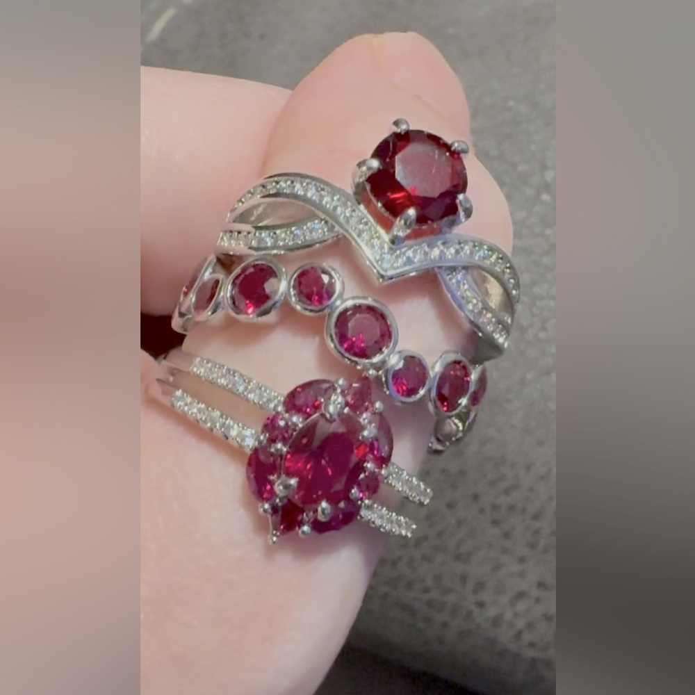 A 3-Pair Matching Set Of Red Stone & Clear Stone Silver Rings